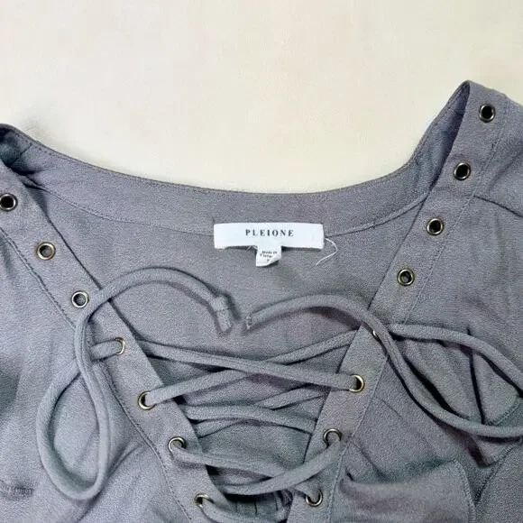 Pleione Ruffled Tied Tunic Blouse Gray Women’s Small Regency Shirttail Hem - Picture 8 of 16